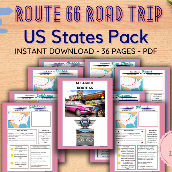 Route 66 States ACTIVITY PACK / Road Trip Travel Activities /Educational Games/ Puzzles / Quiz / PRINTABLE 36 Pages Letter /Digital Download