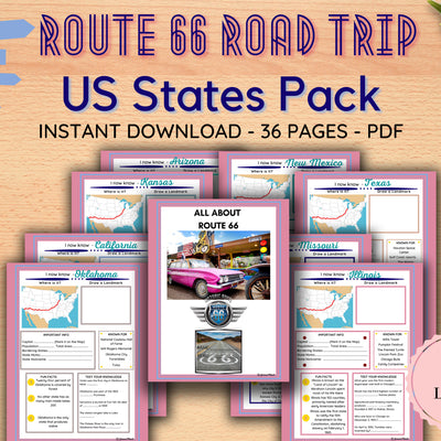 Route 66 States ACTIVITY PACK / Road Trip Travel Activities /Educational Games/ Puzzles / Quiz / PRINTABLE 36 Pages Letter /Digital Download