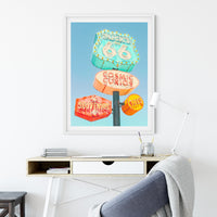 Vintage Route 66 Sign Photo, Printable Art, Mid Century Modern Decor, Colorful Pastel Retro Wall Art, Digital Prints Download