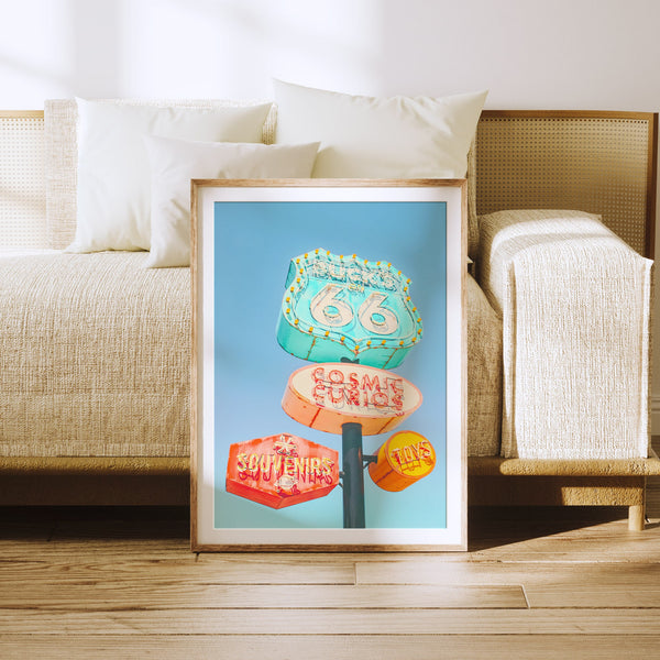 Vintage Route 66 Sign Photo, Printable Art, Mid Century Modern Decor, Colorful Pastel Retro Wall Art, Digital Prints Download