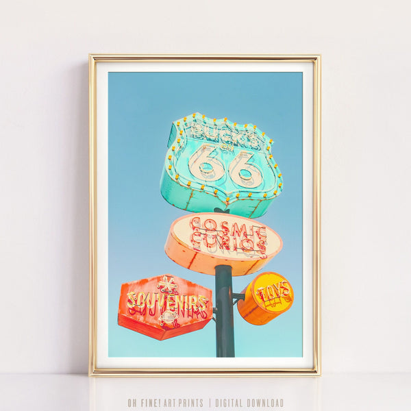 Vintage Route 66 Sign Photo, Printable Art, Mid Century Modern Decor, Colorful Pastel Retro Wall Art, Digital Prints Download