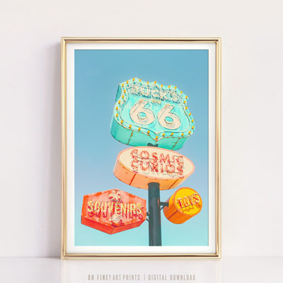 Vintage Route 66 Sign Photo, Printable Art, Mid Century Modern Decor, Colorful Pastel Retro Wall Art, Digital Prints Download