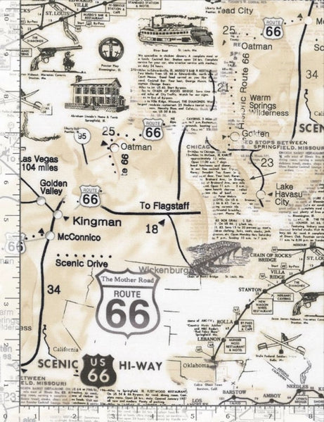 Route 66 Map Fabric, Vintage Americana Travel Cotton, Timeless Treasures MAP-CD7529