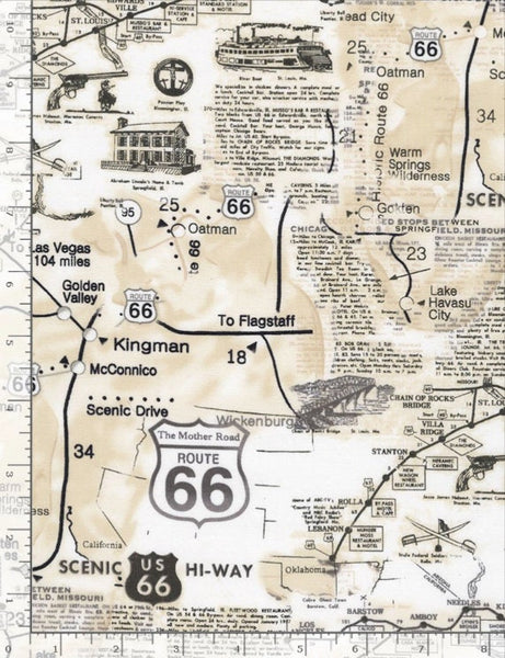 Route 66 Map Fabric, Vintage Americana Travel Cotton, Timeless Treasures MAP-CD7529