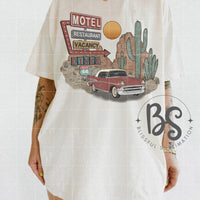 Route 66 Motel Retro Rock and Roll Desert Cactus Classic Car Sublimation Print Design T-Shirt Graphic