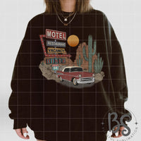 Route 66 Motel Retro Rock and Roll Desert Cactus Classic Car Sublimation Print Design T-Shirt Graphic