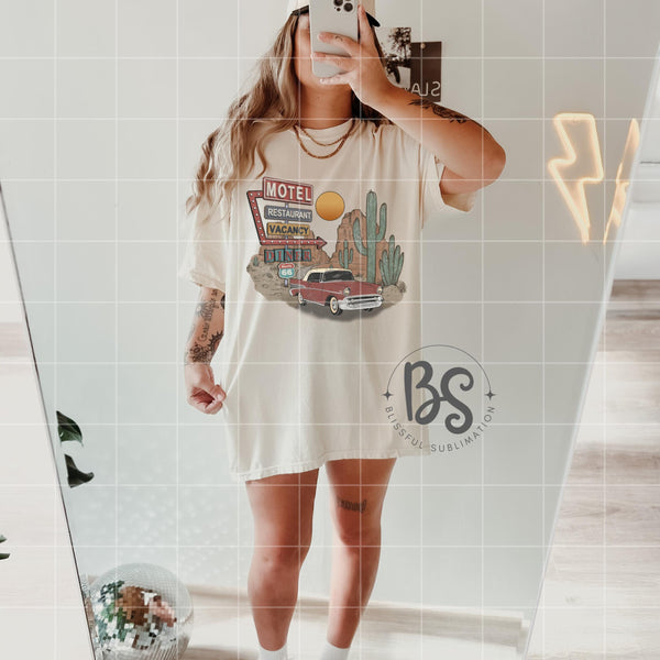 Route 66 Motel Retro Rock and Roll Desert Cactus Classic Car Sublimation Print Design T-Shirt Graphic