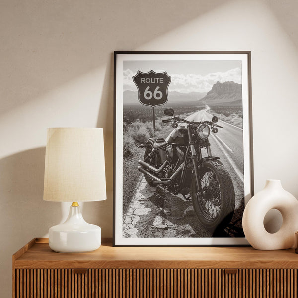 Route 66 Poster, Black and White Route 66 Print, Harley Davidson Photography, American Roadtrip Decor, Harley Davidson print