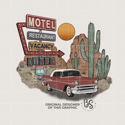 Route 66 Motel Retro Rock and Roll Desert Cactus Classic Car Sublimation Print Design T-Shirt Graphic