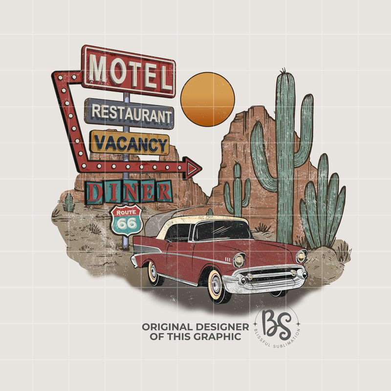 Route 66 Motel Retro Rock and Roll Desert Cactus Classic Car Sublimation Print Design T-Shirt Graphic