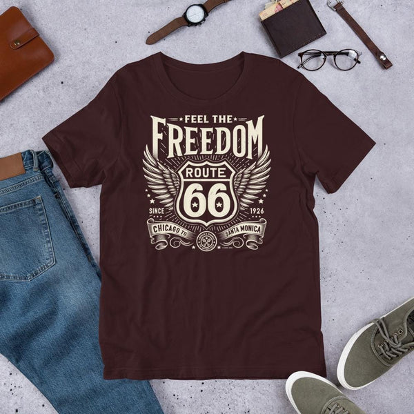 Unisex T-Shirt: Feel the Freedom on Historic Route 66 Tee - Multiple Colors & Sizes Available - Dave Gink Design