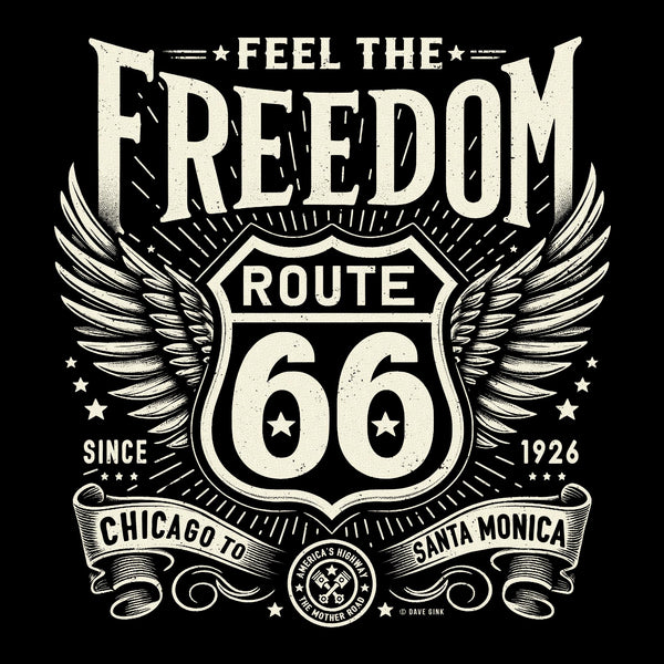 Unisex T-Shirt: Feel the Freedom on Historic Route 66 Tee - Multiple Colors & Sizes Available - Dave Gink Design