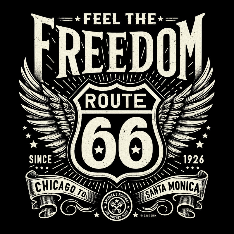Unisex T-Shirt: Feel the Freedom on Historic Route 66 Tee - Multiple Colors & Sizes Available - Dave Gink Design
