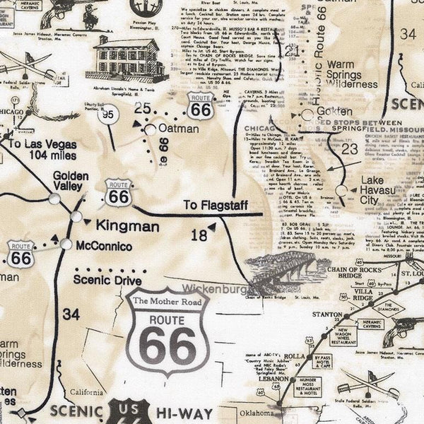Route 66 Map Fabric, Vintage Americana Travel Cotton, Timeless Treasures MAP-CD7529
