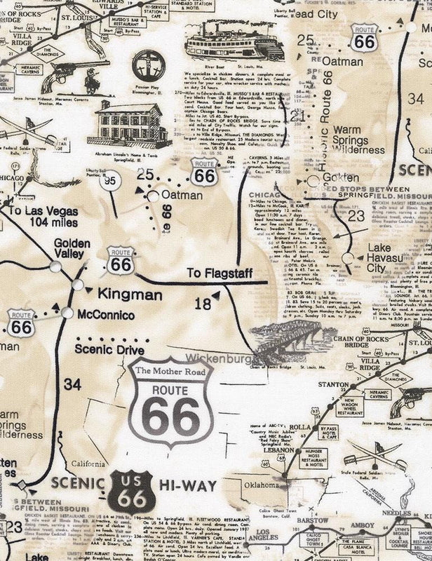 Route 66 Map Fabric, Vintage Americana Travel Cotton, Timeless Treasures MAP-CD7529