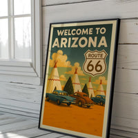 Vintage Route 66 Arizona Travel Poster, Wigwam Motel Teepee Cabins Illustration