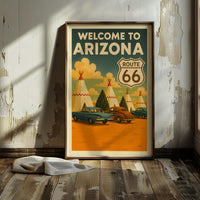 Vintage Route 66 Arizona Travel Poster, Wigwam Motel Teepee Cabins Illustration
