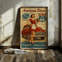 Vintage Route 66 Diner Poster: 1950s Retro Americana Wall Art