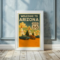 Vintage Route 66 Arizona Travel Poster, Wigwam Motel Teepee Cabins Illustration