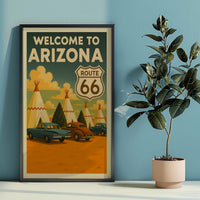 Vintage Route 66 Arizona Travel Poster, Wigwam Motel Teepee Cabins Illustration