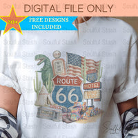 Route 66 PNG, Retro America Clipart, Vintage USA Shirt Graphic, T-Shirt Digital, Road Trip, Patriotic Gift Idea, Vacation Sublimation Design