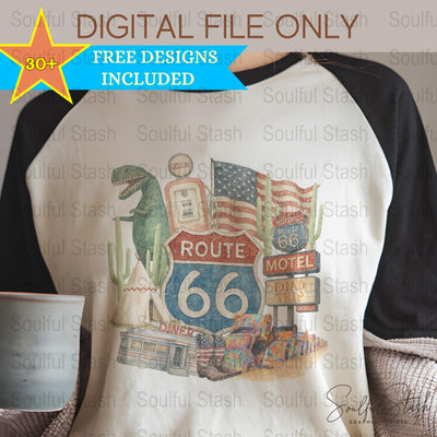 Route 66 PNG, Retro America Clipart, Vintage USA Shirt Graphic, T-Shirt Digital, Road Trip, Patriotic Gift Idea, Vacation Sublimation Design