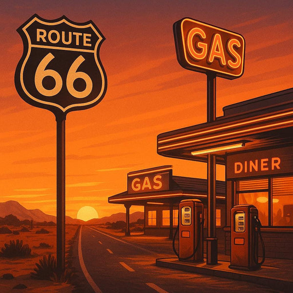 Route 66 Retro Gas Station Print – Vintage Americana Wall Art – Digital Download