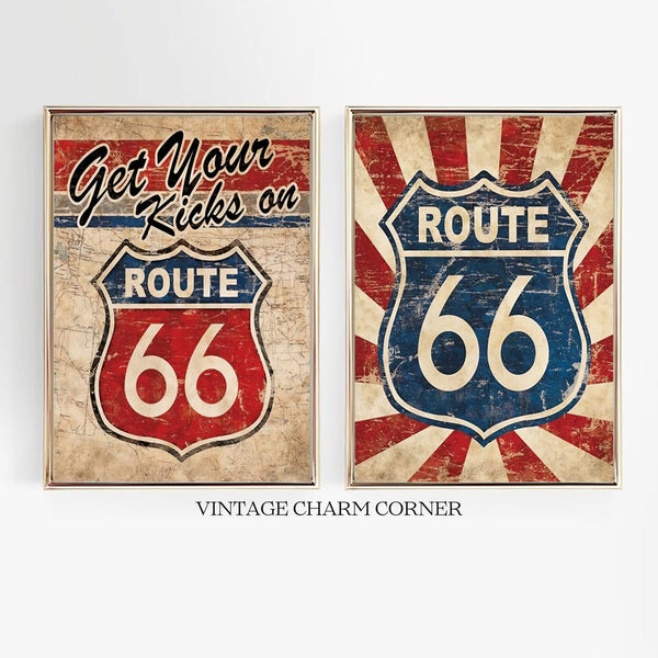 Route 66 Wall Art Printable Retro Travel Poster Vintage Road Sign Decor Route 66 Print Set Americana Garage Wall Art Instant Download