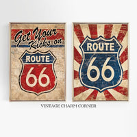 Route 66 Wall Art Printable Retro Travel Poster Vintage Road Sign Decor Route 66 Print Set Americana Garage Wall Art Instant Download