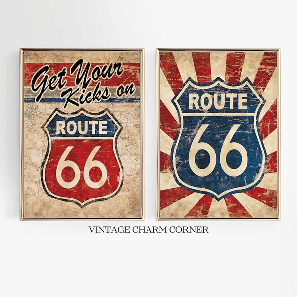 Route 66 Wall Art Printable Retro Travel Poster Vintage Road Sign Decor Route 66 Print Set Americana Garage Wall Art Instant Download