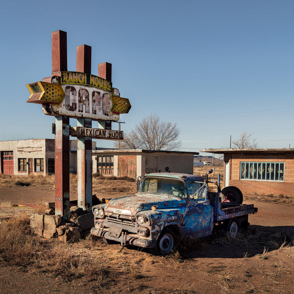 Abandoned Café Wall Art – Vintage Truck Desert Photo – Route 66 – Rustic Americana Print – Retro Roadside Decor – Southwest Fine Art