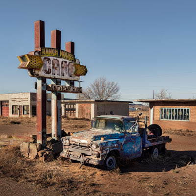 Abandoned Café Wall Art – Vintage Truck Desert Photo – Route 66 – Rustic Americana Print – Retro Roadside Decor – Southwest Fine Art