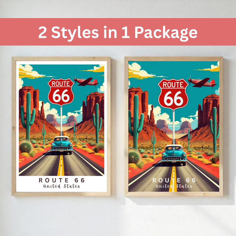 Route 66 United States Printable Wall Art – Retro Car Poster – Vintage Travel Artwork – Digital Download – Desert Landscape Print