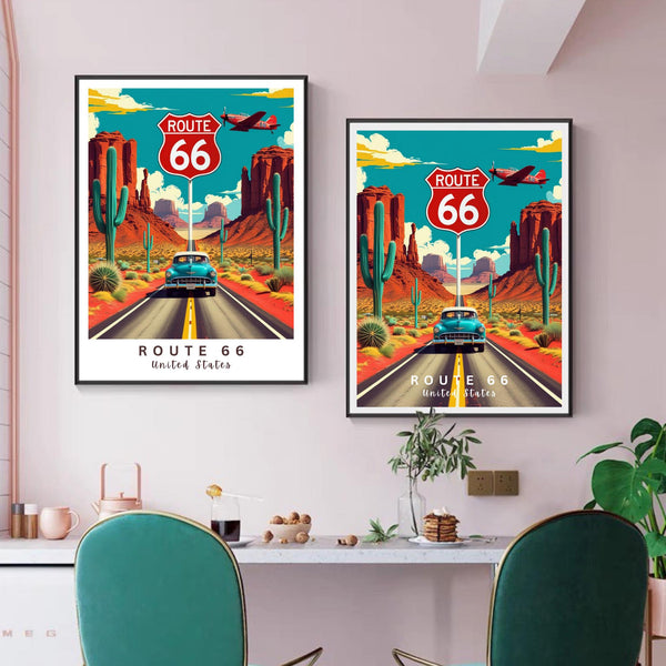 Route 66 United States Printable Wall Art – Retro Car Poster – Vintage Travel Artwork – Digital Download – Desert Landscape Print