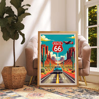 Route 66 United States Printable Wall Art – Retro Car Poster – Vintage Travel Artwork – Digital Download – Desert Landscape Print