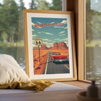 Route 66 Vintage Travel Poster Red Convertible Desert Road Wall Art Retro Car Printable