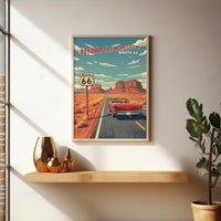 Route 66 Vintage Travel Poster Red Convertible Desert Road Wall Art Retro Car Printable