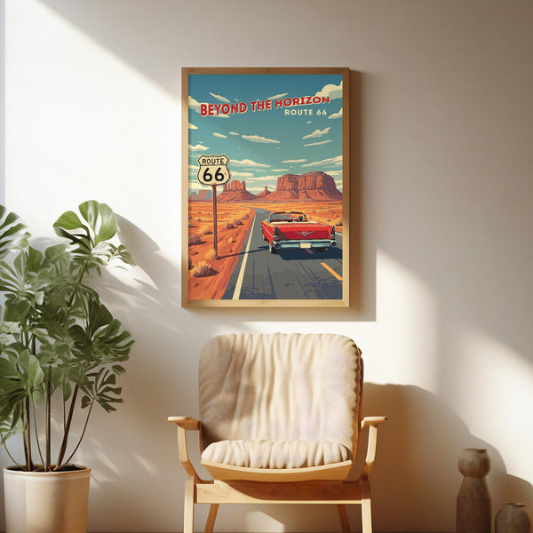 Route 66 Vintage Travel Poster Red Convertible Desert Road Wall Art Retro Car Printable