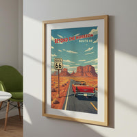 Route 66 Vintage Travel Poster Red Convertible Desert Road Wall Art Retro Car Printable