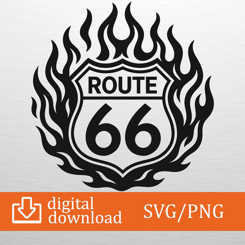 Route 66 Flaming SVG PNG Digital Download - Fire Sign Clipart, Cricut File, T-Shirt Design, Biker Decor, Craft, Printable Art, Vintage Road
