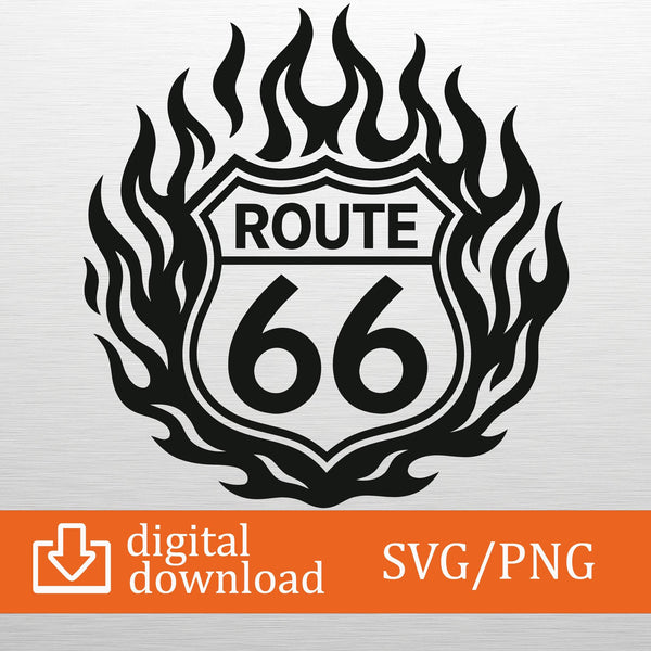 Route 66 Flaming SVG PNG Digital Download - Fire Sign Clipart, Cricut File, T-Shirt Design, Biker Decor, Craft, Printable Art, Vintage Road