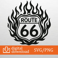 Route 66 Flaming SVG PNG Digital Download - Fire Sign Clipart, Cricut File, T-Shirt Design, Biker Decor, Craft, Printable Art, Vintage Road