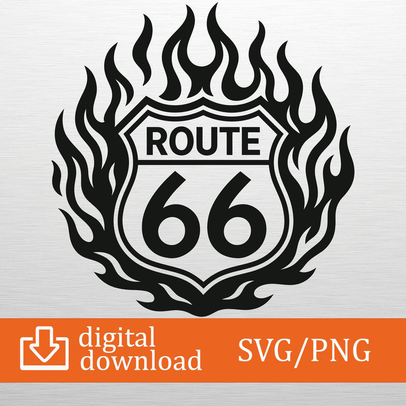 Route 66 Flaming SVG PNG Digital Download - Fire Sign Clipart, Cricut File, T-Shirt Design, Biker Decor, Craft, Printable Art, Vintage Road