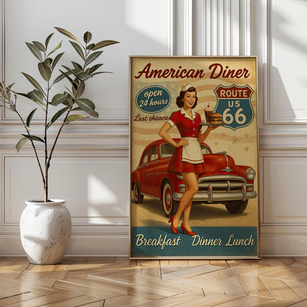 Vintage Route 66 Diner Poster: 1950s Retro Americana Wall Art