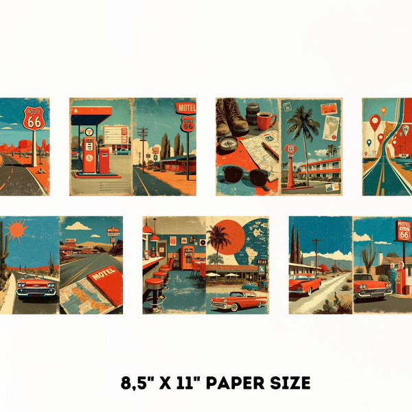 Route 66 Junk Journal Kit – 15 Vintage Travel Collage Pages & Cards | Printable Retro Road Trip Ephemera | USA Highway Journal Scrapbook