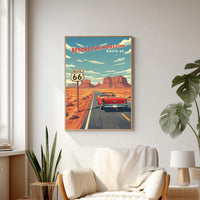 Route 66 Vintage Travel Poster Red Convertible Desert Road Wall Art Retro Car Printable