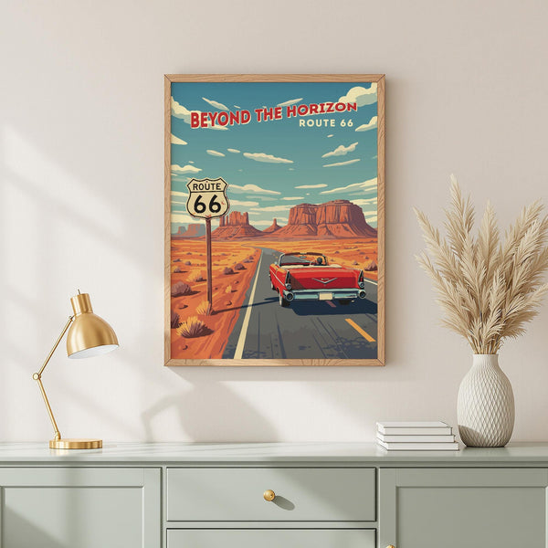 Route 66 Vintage Travel Poster Red Convertible Desert Road Wall Art Retro Car Printable