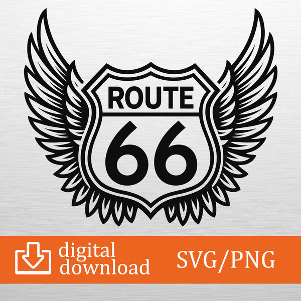 Route 66 SVG PNG Digital Download - Winged Sign Clipart, Cricut File, T-Shirt Design, Biker Decor, Craft Cut, Printable Art, Vintage Road