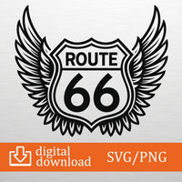 Route 66 SVG PNG Digital Download - Winged Sign Clipart, Cricut File, T-Shirt Design, Biker Decor, Craft Cut, Printable Art, Vintage Road