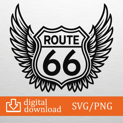 Route 66 SVG PNG Digital Download - Winged Sign Clipart, Cricut File, T-Shirt Design, Biker Decor, Craft Cut, Printable Art, Vintage Road